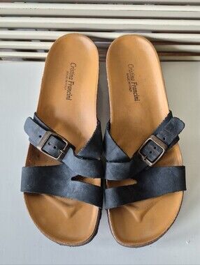 NWOB Cristina Francini Women's Navy Blue Leather Cork Wedge Sandals Size 7.5 M